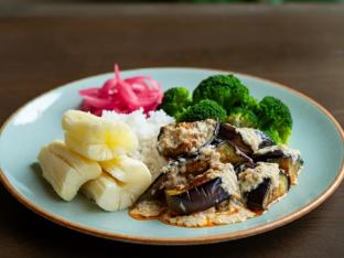 Vegan Eggplant in Coconut Sauce, Yucaw/ Pickled Red Onions, Steamed Broccoli