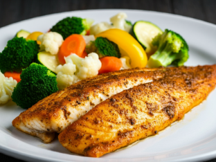 Light Carb Tilapia with Steamed Broccoli and Steamed Seasonal Vegetables
