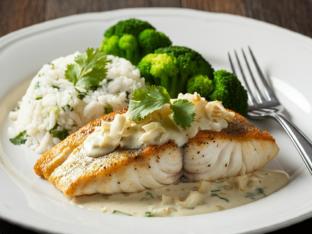 Tilapia with side of Coconut Sauce with Cilantro-Lime Rice and Steamed Broccoli