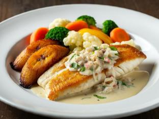 Tilapia with side of Coconut Sauce with Sweet Plantains & Steamed Vegetables