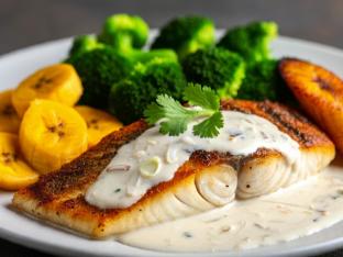 Tilapia with side of Coconut Sauce with Sweet Plantains and Steamed Broccoli