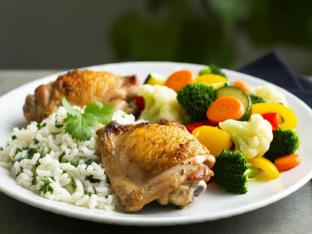 Oven Roasted Chicken with Cilantro-Lime Rice and Steamed Seasonal Vegetables