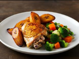 Oven Roasted Chicken with Sweet Plantains and Steamed Seasonal Vegetables