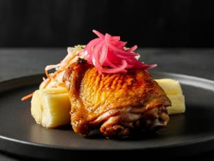 Oven Roasted Chicken with Yuca with Pickled Red Onions and Cabbage
