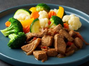 Light Carb Stewed Pork with Steamed Broccoli and Steamed Seasonal Vegetables