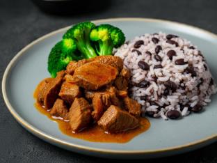 Stewed Pork with White Rice Mixed with Black Beans and Steamed Broccoli