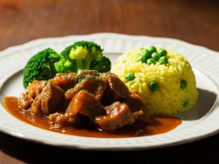 Stewed Pork with Yellow Rice Mixed with Pigeon Peas and Steamed Broccoli