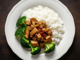 Stewed Pork with White Rice and Steamed Broccoli