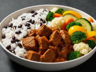 Stewed Pork with Rice Mixed with Black Beans & Steamed Vegetables