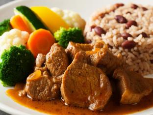Stewed Pork with Rice Mixed with Pinto Beans & Steamed Vegetables