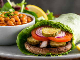 Vegan Portobello Mushroom Lettuce Wrap with Vegan Baked Beans and House Salad Vegan Portobello Mushroom Lettuce Wrap with Vegan Baked Beans and House Salad