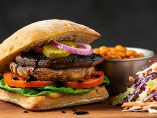 Portobello Mushroom Sandwich with Vegan Baked Beans and Coleslaw Portobello Mushroom Sandwich with Vegan Baked Beans and Coleslaw