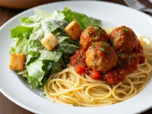 Spaghetti with Meatballs Bolognese Sauce with Caesar Salad
