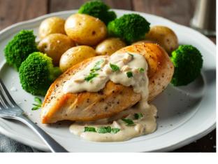 Creamy Garlic-Herb Chicken | New Potatoes | Steamed Broccoli