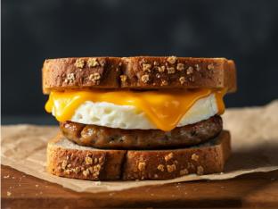 Sausage, Egg and Cheddar Cheese on Gluten Free Bread Sausage, Egg and Cheddar Cheese on Gluten Free Bread