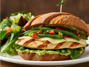 Grilled Chicken Ponza Gluten Free Sandwich with Garden Salad