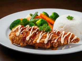 Crispy Fried Chicken Breast With Rice and Sweet and Sour Sauce