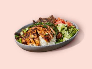 Combo Chicken, Ribeye and Soy Briased Egg Rice Bowl