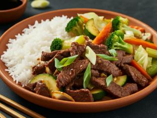 Mongolian Beef, Steamed Rice and Mixed Veggies [Large]