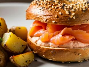 Bagel With Lox Spread and House Potatoes