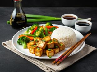 Stir-Fried Tofu with White Rice and Steamed Veggies [Large]