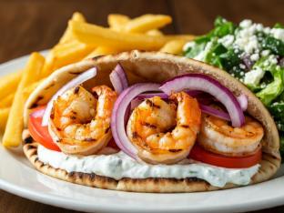 Grilled Shrimp Gyro with Greek Fries and Salad