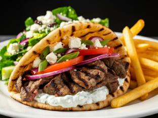 Skirt Steak Gyro with Greek Fries and Salad