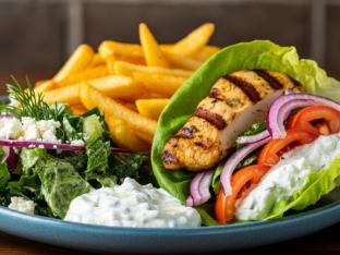 Grilled Chicken Gyro on Lettuce Wrap with Greek Fries and Salad