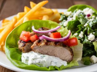 Grilled Pork Gyro on Lettuce Wrap with Greek Fries and Salad