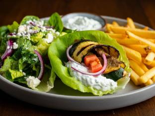 Grilled Veggies Gyro on Lettuce Wrap with Greek Fries and Salad