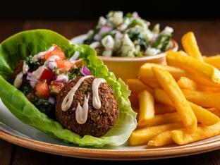 Falafel Gyro on Lettuce Wrap with Tahini Dressing, Greek Fries and DF Salad