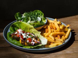 Grilled Veggies Gyro on Lettuce Wrap with Tahini Dressing, Greek Fries and DF Salad