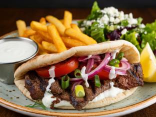 Grilled Chicken Gyro with Tahini Dressing, and Greek Fries and DF Salad