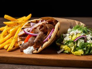 Grilled Pork Gyro with Tahini Dressing, Greek Fries and DF Salad