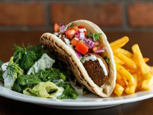 Falafel Gyro with Tahini Dressing, Greek Fries and DF Salad