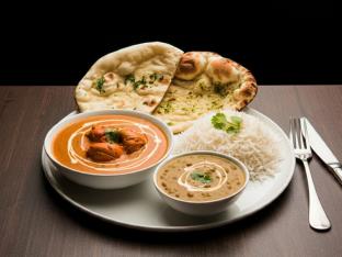 Butter Chicken with Dal Tadka, Plain Basmati Rice and Garlic Naan Butter Chicken with Dal Tadka, Plain Basmati Rice and Garlic Naan