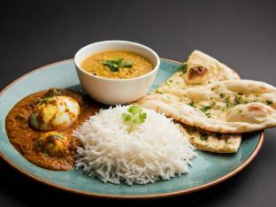 Egg Curry with Dal Tadka, Plain Basmati Rice and Garlic Naan Egg Curry with Dal Tadka, Plain Basmati Rice and Garlic Naan