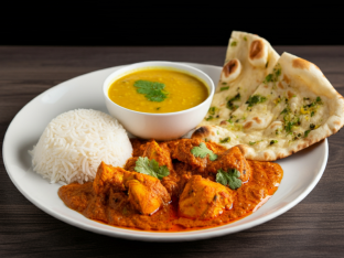 Chicken Tikka Masala with Dal Tadka, Plain Basmati Rice and Garlic Naan Chicken Tikka Masala with Dal Tadka, Plain Basmati Rice and Garlic Naan