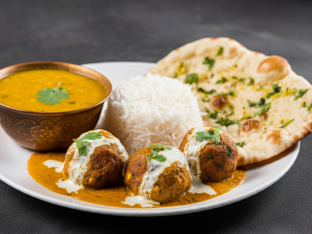 Malai Kofta with Dal Tadka, Plain Basmati Rice and Garlic Naan Malai Kofta with Dal Tadka, Plain Basmati Rice and Garlic Naan