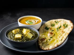 Saag Paneer with Dal Tadka and Garlic Naan Saag Paneer with Dal Tadka and Garlic Naan