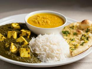 Saag Paneer with Dal Tadka, Plain Basmati Rice and Garlic Naan Saag Paneer with Dal Tadka, Plain Basmati Rice and Garlic Naan