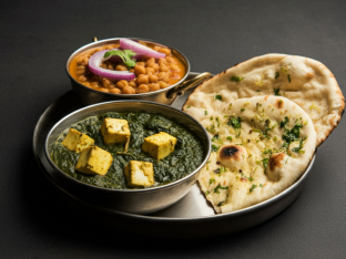 Saag Paneer with Chana Masala and Garlic Naan Saag Paneer with Chana Masala and Garlic Naan