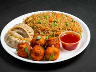 Vegetable Manchurian, Vegetable Momos and Veg Fried Rice Vegetable Manchurian, Vegetable Momos and Veg Fried Rice