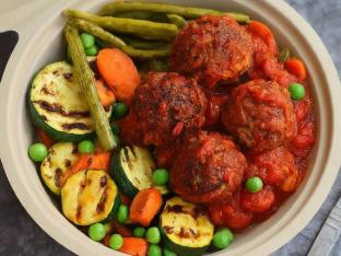 Vegan Impossible Meatballs in Tomato Sauce with Grilled Seasonal Vegetables
