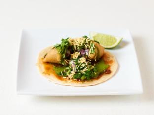 Samosa Tacos on Flour Tortilla with Refried Beans Samosa Tacos on Flour Tortilla with Refried Beans