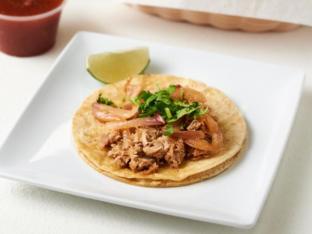 Carnitas Tacos on Flour Tortillas, American Style with Black Beans Plate Carnitas Tacos on Flour Tortillas, American Style with Black Beans Plate