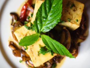 Fried Tofu with Basil and Roasted Mushroom Ragout Fried Tofu with Basil and Roasted Mushroom Ragout