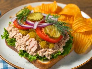 Albacore Tuna Sub on White Bread with Harvest Cheddar Sun Chips Albacore Tuna Sub on White Bread with Harvest Cheddar Sun Chips