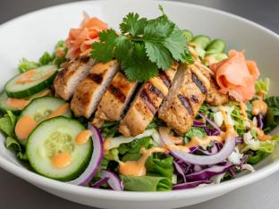 Regular Grilled Chicken over Salad with Cucumber, Sweet Onion, Cabbage, Cilantro, Pickled Ginger Regular Grilled Chicken over Salad with Cucumber, Sweet Onion, Cabbage, Cilantro, Pickled Ginger
