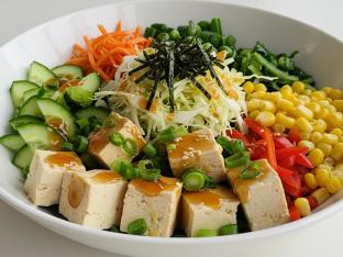 Regular Organic Tofu over Salad with Cucumber, Cabbage, Blanched Kale, Sweet Corn, Green onion, Soft Tofu, and Shredded Nori Regular Organic Tofu over Salad with Cucumber, Cabbage, Blanched Kale, Sweet Corn, Green onion, Soft Tofu, and Shredded Nori